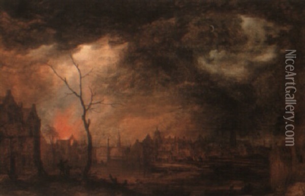 A Moonlit Townscape With A House On Fire Oil Painting - Frans de Momper