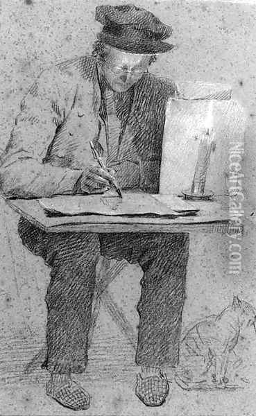 The artist seated at a drawing table lit by a candle, a cat under the table Oil Painting - Henri de Braekeleer