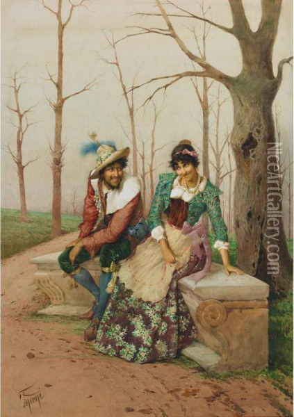 Flirting Couple Seated On Marble Bench Oil Painting - Filippo Indoni