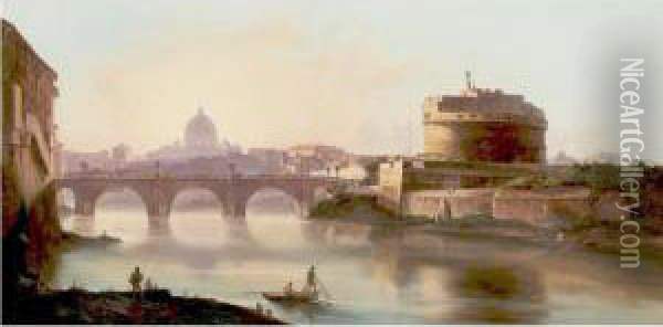 View Of The Tiber With The Castel Sant Angelo Oil Painting - Vincenzo Giovannini
