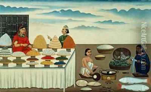 Fish seller sweetmeat maker and sellers with their wares Patna Oil Painting - Shiva Dayal Lal
