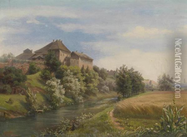 View Of Farmhouse Buildings Oil Painting - Marie Ertl