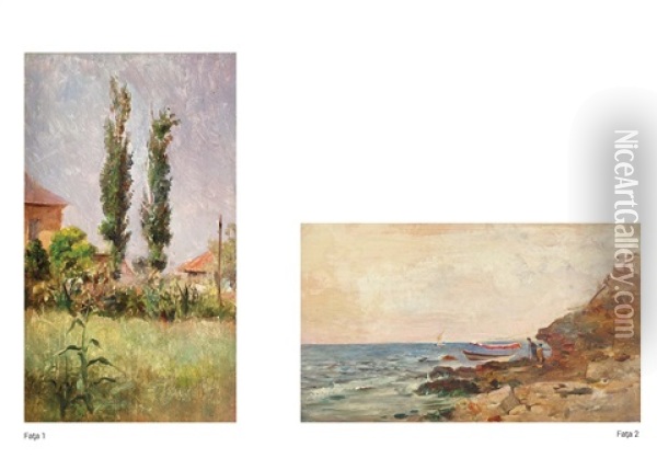 Zi De Vara La Fieni / Barci La Malul Marii Oil Painting - Theodor Aman