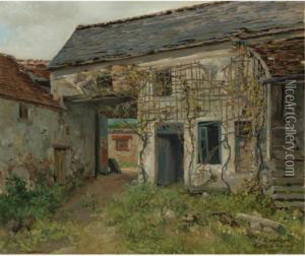 Cottage Courtyard In Barbizon Oil Painting - Charles Ferdinand Ceramano