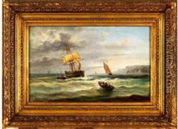 Vaisseaux Et Chaloupe Par Mer Forte, Non Loin Des Cotes Normandes Oil Painting - Jean Baptiste Henri Durand-Brager