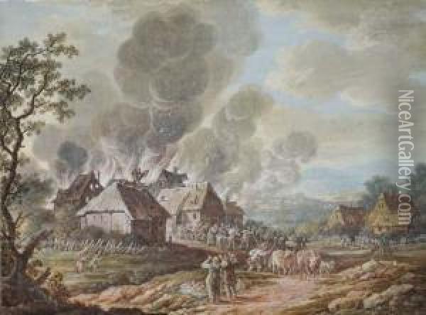 A Burning Village; A Cavalry Battle Near A Bridge: Apair Oil Painting - Louis Nicolael van Blarenberghe