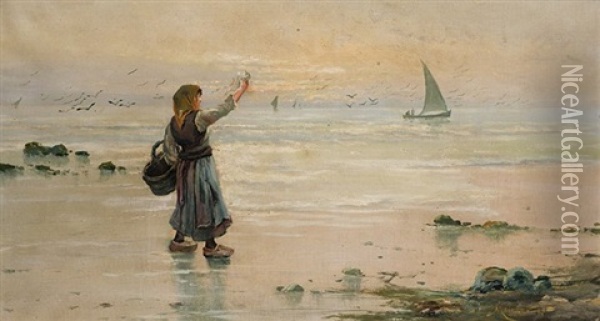 Mujer En La Playa Oil Painting - Eliseo Meifren y Roig