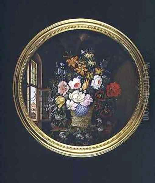 Flowers by an Open Window Oil Painting - Leopold Brunner, Snr.