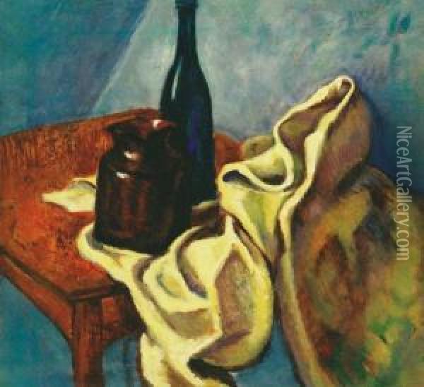 Still Life With Blue Glass Bottle, About 1909 Oil Painting - Lajos Tihanyi