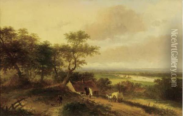 A Haycart By A Farm In A Panoramic River Landscape Oil Painting - Jan Evert Morel
