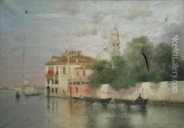 View Of The Grand Canal With The Salute In The Background Oil Painting - Warren W. Sheppard