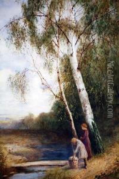 Two Girls By A Footbridge And Stream Oil Painting - Theodore Hines
