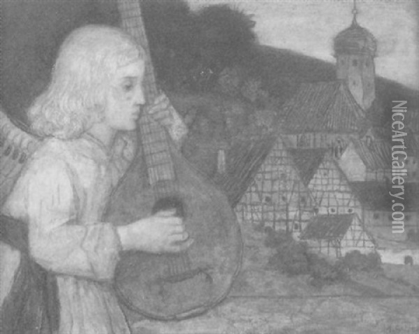 Jugendlicher Engel Mit Mandoline, Im Hintergrund Ein Bayrisches Dorf Oil Painting - Matthaeus Schiestl