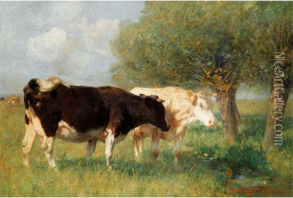 Zwei Rinder Auf Der Weide (two Cows In A Meadow) Oil Painting - Heinrich Johann Von Zugel