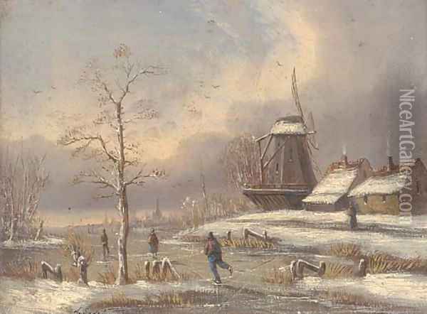 Skaters on a frozen waterway in a Dutch winter landscape Oil Painting - Alfred Godchaux