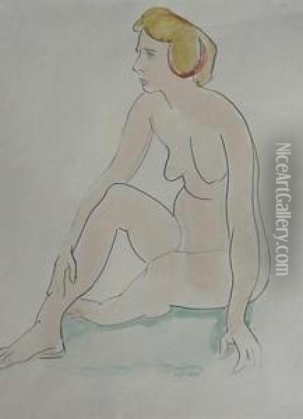 Seated Nude- Watercolor And Pen And Ink On Paper, Very Good Condition. 15 X 10 1/2'' Oil Painting - William Sommer