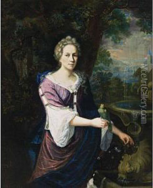 A Portrait Of A Lady, Standing Three-quarter Lenght Near Afountain, Wearing A Purple Dress With White Undergarment And A Blueshawl, Holding A Parrot On Her Right Hand, A Dog In Theforeground Oil Painting - Barend Van Kalraet