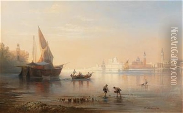Gathering Mussels In The Venetian Lagoon Oil Painting - Karl Heilmayer