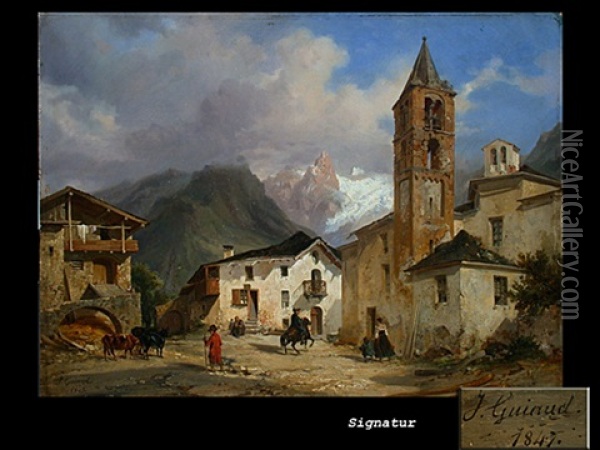 Dorfplatz Vor Gebirgsmassiv Oil Painting - Jacques Guiaud
