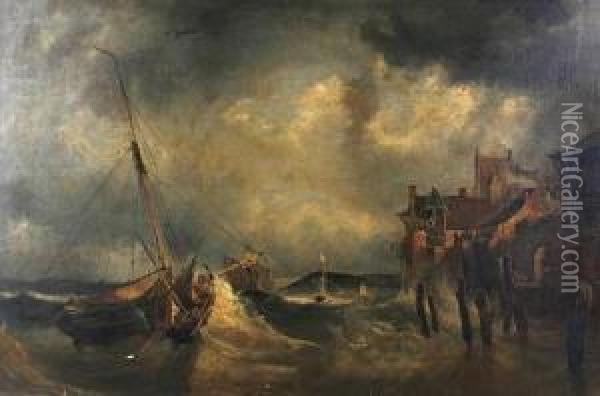 Fishing Boats In A Swell Off A Town Oil Painting - Joseph Stannard