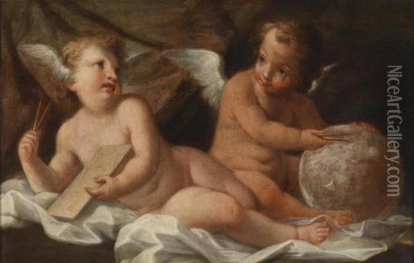 Two Paintings Of Putti With Scientific Instruments As Allegories Of Geometry Oil Painting - Domenico Piola