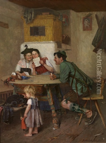 Interieur Einer Landlichen Stube. Familie Am Tisch Liest Freudig Einen Brief Oil Painting - Theodor Kleehaas
