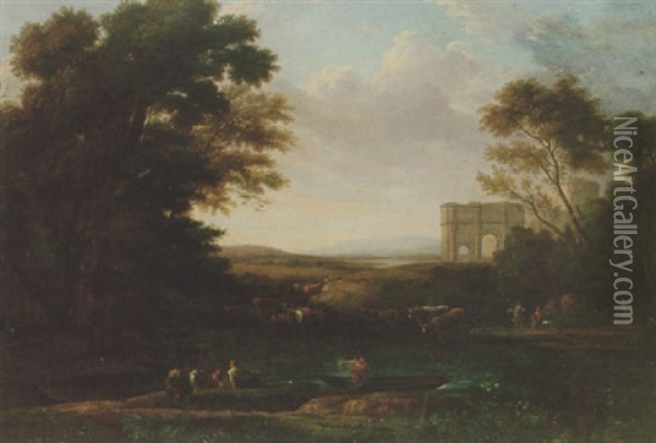 Figures And Cattle By A Pond, With Classical Ruins Beyond Oil Painting - Gaspard Dughet