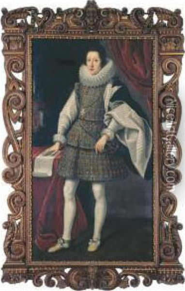 Portrait Of Ferdinando Ii De' 
Medici (1610-1670), Full-length, In Agold-embroidered Dress With Lace 
Ruff Collar, Wearing The Order Ofsanto Stefano, With His Right Hand 
Resting On The Plan Of Afortress Oil Painting - Matteo Rosselli