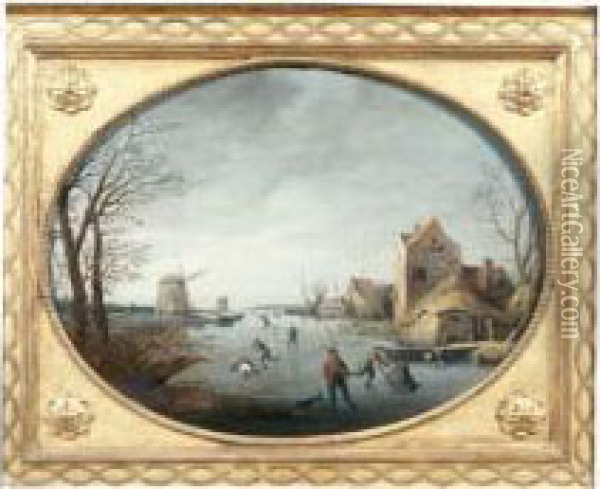 Patineurs Sur Une Riviere Gelee Pres D'un Moulin Oil Painting - Pieter de Bloot