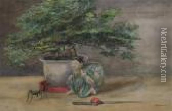 Still Life With Bonsai And Mantis Oil Painting - Sir Hubert von Herkomer