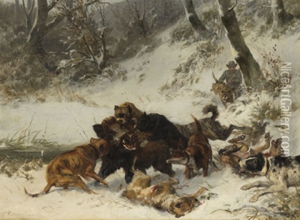 Wildschweinjagd Oil Painting - Carl Friedrich Deiker