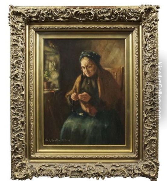 Interior With Old Woman Knitting Oil Painting - John Rennie MacKenzie Houston