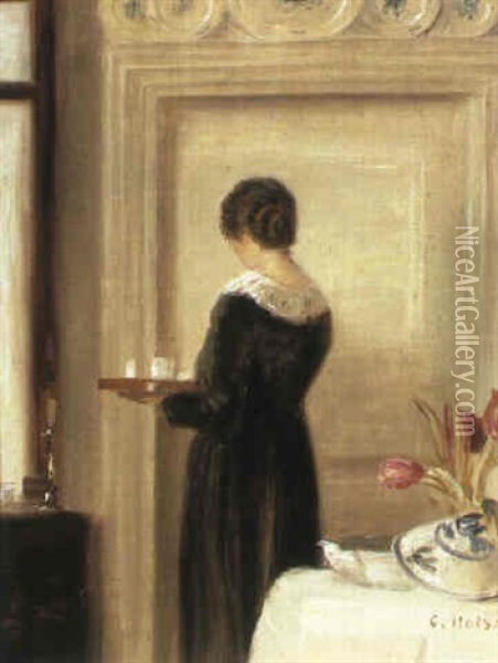 A Lady With A Tray Oil Painting - Carl Vilhelm Holsoe