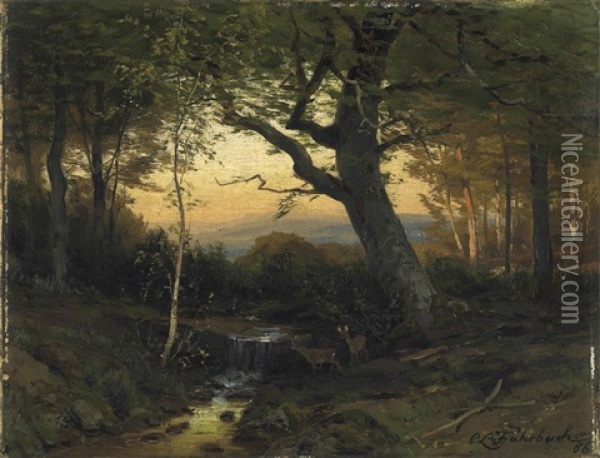 Sommerliche Waldpartie Im Morgenlicht. Vorn Rehe An Kleinem Bachlauf Oil Painting - Carl Ludwig Fahrbach