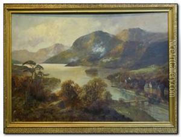 A Scottish Loch With Bridge And Manor House Oil Painting - W.A. Richards