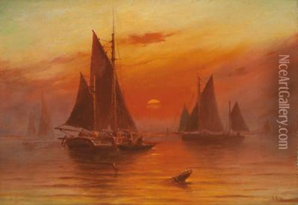 Heimkehrende Fischerboote Bei Sonnenuntergang Oil Painting - William Edward Webb