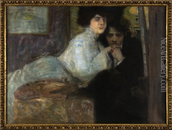 Self-portrait With Wife Oil Painting - Alois Kalvoda