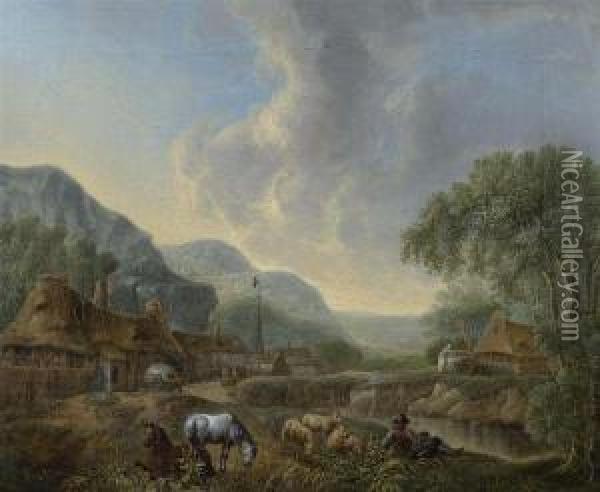 Flusslandschaft Mit Tieren Und Personen. Oil Painting - Johann Jacob Schalch