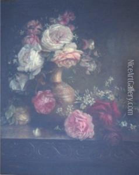A Still Life Study Of Flowers In A Pitcher On A Period Oak Table Oil Painting - Florence Vernon