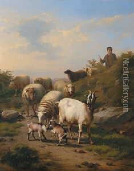 Ein Hirte Mit Schafen Und Ziegen. Oil Painting - Eugene Joseph Verboeckhoven