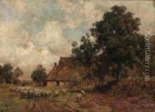 A Summer Landscape With A Shepherd And Flock Passing Acottage Oil Painting - Julius Jacobus Van De Sande Bakhuyzen