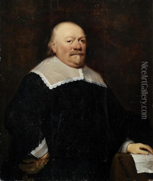 Portrait Of A Gentleman, Three-quarter-length, In Black Costume With His Hand Resting On A Table Oil Painting - Jan Anthonisz Van Ravesteyn