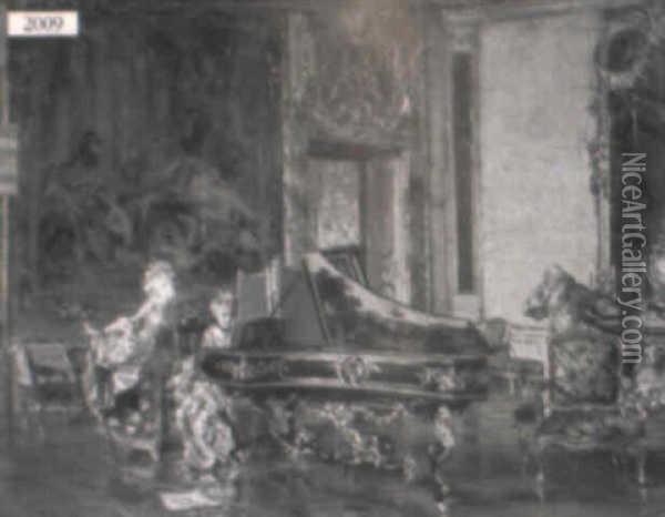 Two Ladies And A Gentleman In A Room With A Grand Piano Oil Painting - Giovanni Boldini