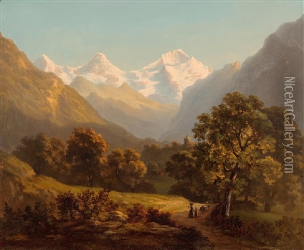 Jungfrau, Monch And Eiger Oil Painting - Heinrich Fischer