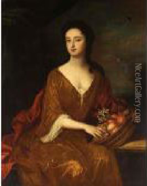A Portrait Of A Lady, Seated 
Three-quarter Length, Wearing A Red Dress And White Blouse, Holding A 
Basket With Various Fruits Oil Painting - William Wissing or Wissmig