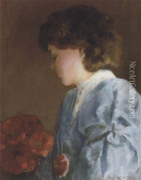 Portrait Of A Lady In Profile With Red Roses Oil Painting - William Kneen