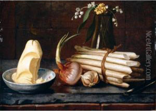 A Still Life Of Asparagus, An 
Onion, Garlic, Butter In A Bowl And Flowers In A Glass Vase, All On A 
Marble Ledge Oil Painting - Nicolas Henry Jeaurat De Bertry