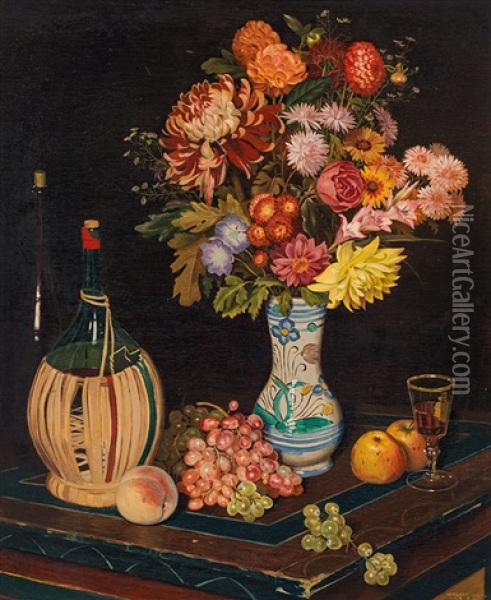 Stillleben Mit Blumenvase, Chiantiflasche Und Obst Oil Painting - Herbert Reyl-Hanisch