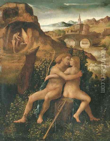 Venus and Mars in a river landscape with Vulcan labouring in his forge Oil Painting - Venetian School