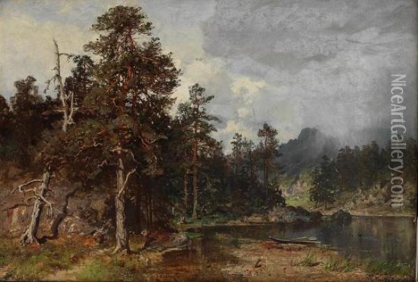 Skogslandskap Med Robat Og Fugler 1888 Oil Painting - Morten Muller
